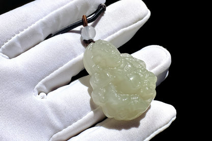 Certified Natural Icy Hetian Nephrite Mahakala Pendant, Carved Sunny Lake Green Nephrite Jade Pendant, 天然冰底晴水料和田玉大黑天吊坠