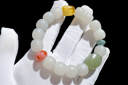 Natural Smokey Gray Hetian Nephrite Bracelet with Faceted Green Nephrite, Nanhong Agate, Blue Jadeite Jade, Nephrite Jade, 天然浅烟灰老型珠+晴水钻切+蓝翡+奶盖南红