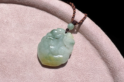 Certified Grade A Jadeite Jade Hand Carved Ruyi Pendant, Natural Carved Jade Pendant Necklace, 天然缅甸A货老坑冰润飘花黄绿双彩如意翡翠吊坠