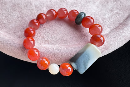 Natural Nanhong Agate Bracelet with Black and White Nephrite Jade, Untreated Nanhong Agate Beads, 天然冰飘火焰南红珠配水墨青花和田玉手串