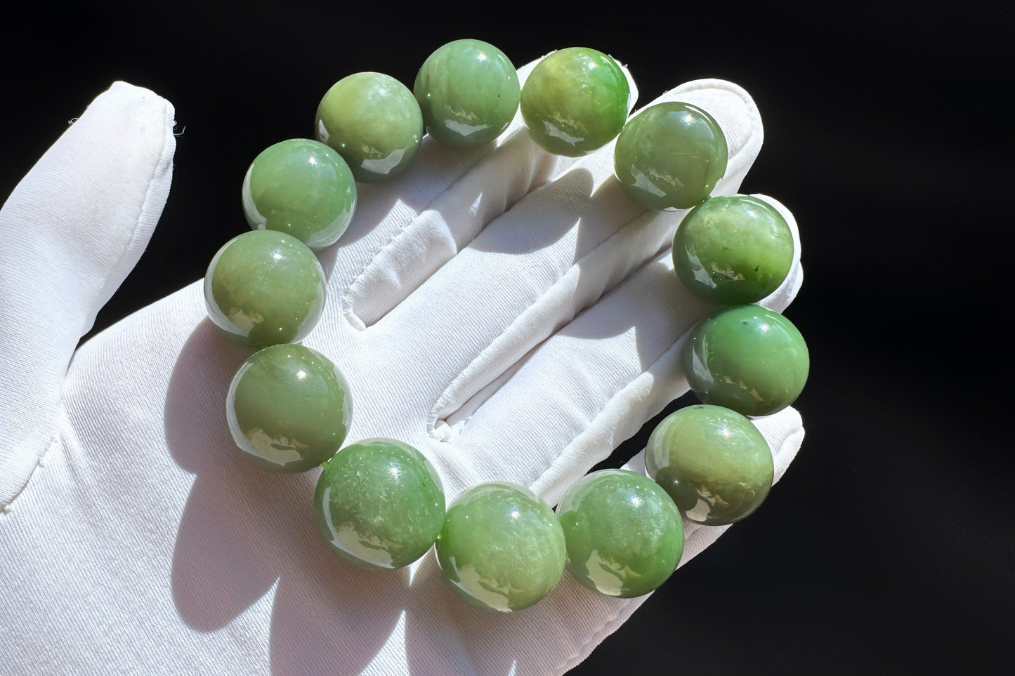 15mm Natural Chunky Green Nephrite Beaded Bracelet, Untreated Nephrite Jade Beads, 天然和田玉碧玉圆珠手串