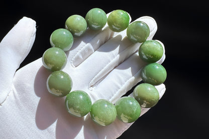 15mm Natural Chunky Green Nephrite Beaded Bracelet, Untreated Nephrite Jade Beads, 天然和田玉碧玉圆珠手串