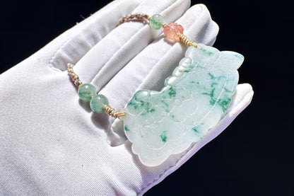 Genuine Grade A Jadeite Jade Necklace, Natural Carved Jade Flower and Butterfly, Handmade Jade Necklace, 天然缅甸A货翡翠锁骨吊坠老坑冰润飘蓝花蝶恋花仿古玉璜