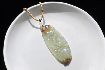 Certified Natural Hetian Sugar Brown Nephrite Hand Carved Koi Fish and Lotus Glower Pendant, 天然糖青白玉手工雕刻鱼戏荷莲吊坠天地糖