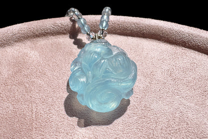 Natural High Grade Icy Aquamarine Nine Tailed Fox Pendant, Hand Carved Aquamarine, March Birthstone Fox Pendant, 天然精品海蓝宝手工精雕九尾狐吊坠