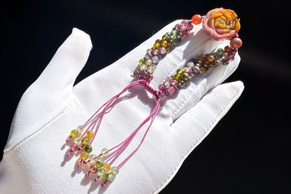 Natural Tourmaline Braided Bracelet with Carved Yanyuan Origin Agate Flower Charm, Yan-yuan and Tourmaline Bracelet, 天然手编碧玺小米珠手链搭配盐源花牌