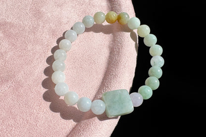 Natural Grade A Jadeite Jade Multi-Colors Bracelet, Jadeite Jade Beaded Bracelet, 天然A货翡翠多彩玉珠手串搭配翡翠无事牌