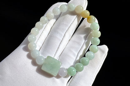 Natural Grade A Jadeite Jade Multi-Colors Bracelet, Jadeite Jade Beaded Bracelet, 天然A货翡翠多彩玉珠手串搭配翡翠无事牌
