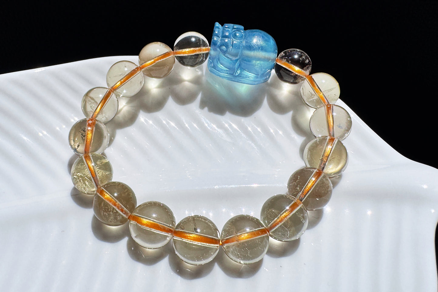 Certified Natrual Aquamarine and Lemon Citrine Bracelet, Lemon Quartz Bracelet, Aquamarine Pi-Xiu, Wealth Bracelet, 天然海蓝宝貔貅搭配柠檬黄水晶手串