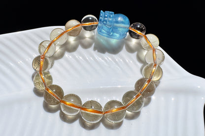Certified Natrual Aquamarine and Lemon Citrine Bracelet, Lemon Quartz Bracelet, Aquamarine Pi-Xiu, Wealth Bracelet, 天然海蓝宝貔貅搭配柠檬黄水晶手串