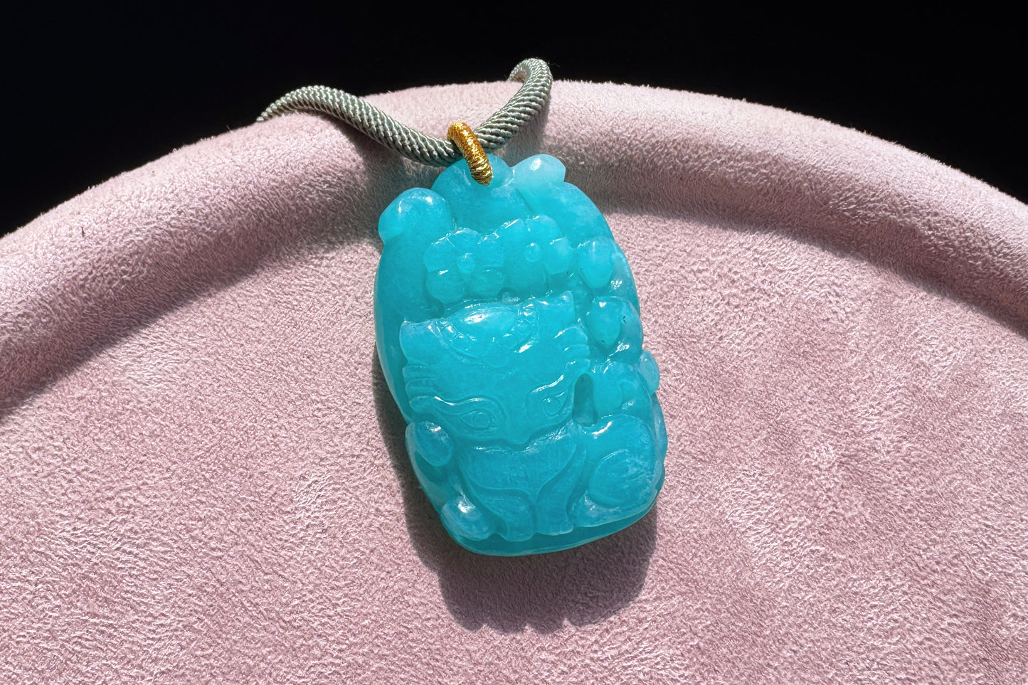 Natural Top Grade Amazonite Hand Carved Nine Tailed Fox and Peony Pendant, 天然精品天河石手工精雕九尾梅花吊坠