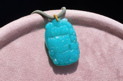 Natural Top Grade Amazonite Hand Carved Nine Tailed Fox and Peony Pendant, 天然精品天河石手工精雕九尾梅花吊坠