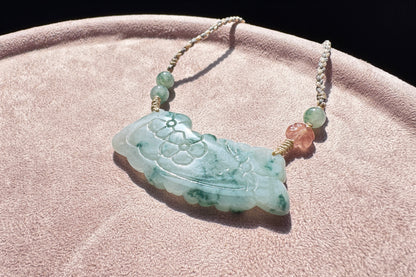 Genuine Grade A Jadeite Jade Necklace, Natural Carved Jade Flower and Butterfly, Handmade Jade Necklace, 天然缅甸A货翡翠锁骨吊坠老坑冰润飘蓝花蝶恋花仿古玉璜