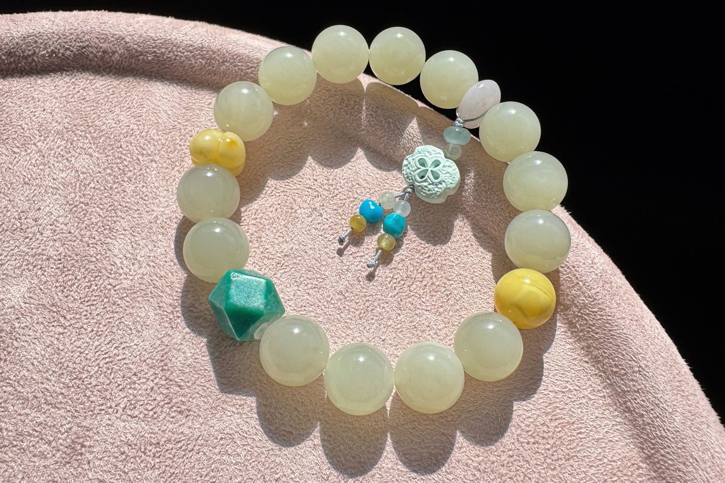 Natural Nephrite Bracelet with Faceted Turquoise, High Grade Nephrite Jade Bracet, Designer Jade Bracelet, 天然奶油晴白和田玉配松石蜜蜡