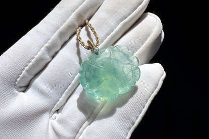 Certified Natural Green Aquamarine Carved Flower Pendant, Green Beryl with Mica inclusions, March Birthstone, 天然绿色海蓝宝雕刻花花吊坠