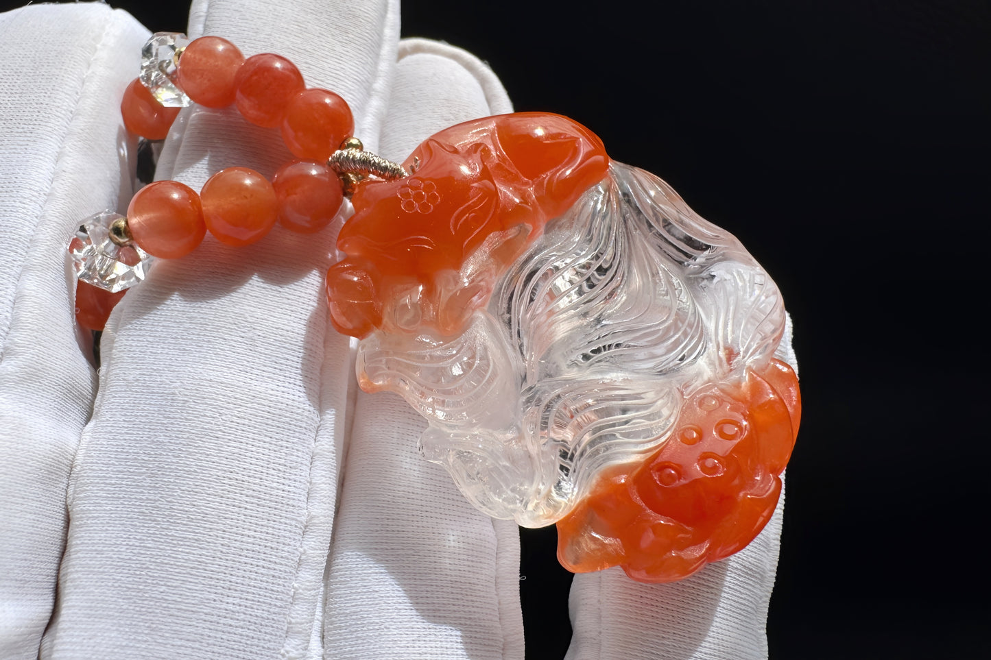 Hand Carved Natural Red Rabbit Hair Quartz Nine Tailed Fox Pendant, High Grade Red Rabbit Hair Necklace, Unique Crystal Fox, 手工精雕精品红兔毛九尾狐吊坠
