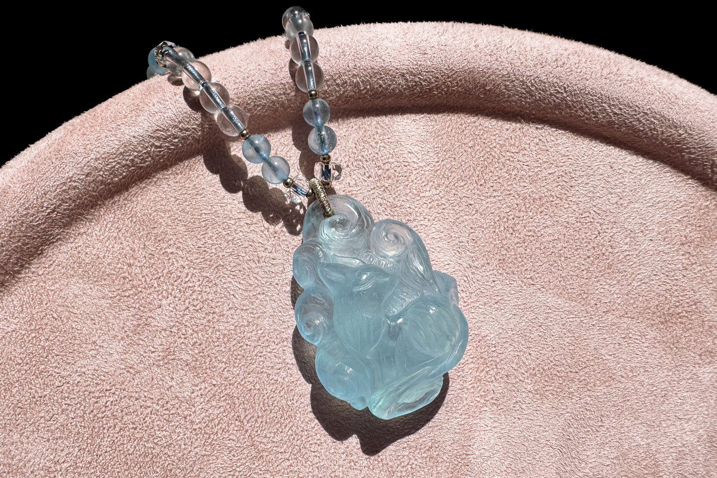 Natural High Grade Icy Aquamarine Nine Tailed Fox Pendant, Hand Carved Aquamarine, March Birthstone Fox Pendant, 天然精品海蓝宝手工精雕九尾狐吊坠
