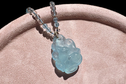 Natural High Grade Icy Aquamarine Nine Tailed Fox Pendant, Hand Carved Aquamarine, March Birthstone Fox Pendant, 天然精品海蓝宝手工精雕九尾狐吊坠