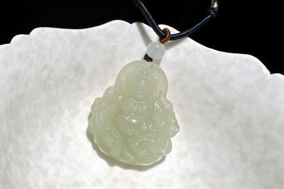 Certified Natural Icy Hetian Nephrite Mahakala Pendant, Carved Sunny Lake Green Nephrite Jade Pendant, 天然冰底晴水料和田玉大黑天吊坠