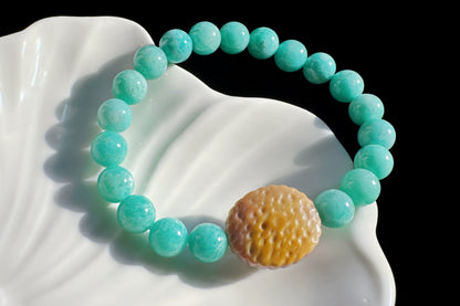 Natural Un-treated Amazonite Beaded Bracelet with Pink and yellow Alashan Sailor Moon, Amazonite Bracelet, 天然天河石手串搭配奶黄粉阿拉善水手月亮