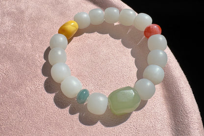 Natural Smokey Gray Hetian Nephrite Bracelet with Faceted Green Nephrite, Nanhong Agate, Blue Jadeite Jade, Nephrite Jade, 天然浅烟灰老型珠+晴水钻切+蓝翡+奶盖南红