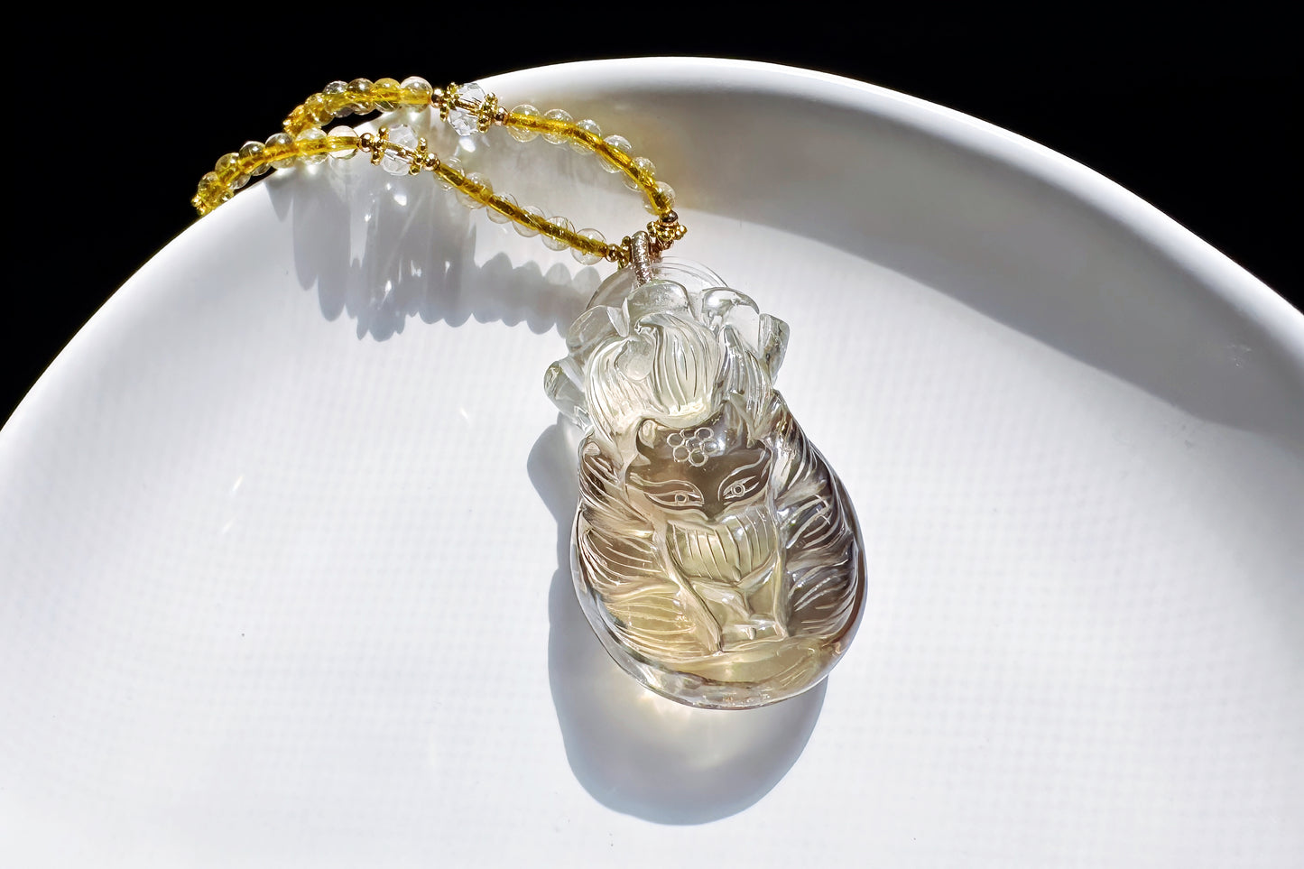 Natural Smokey Citrine Hand Carved Nine Tailed Fox and Money Bag Pendant, Smokey Citrine Necklace, 天然茶黄晶手工精雕九尾狐钱袋子吊坠
