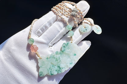 Genuine Grade A Jadeite Jade Necklace, Natural Carved Jade Flower and Butterfly, Handmade Jade Necklace, 天然缅甸A货翡翠锁骨吊坠老坑冰润飘蓝花蝶恋花仿古玉璜
