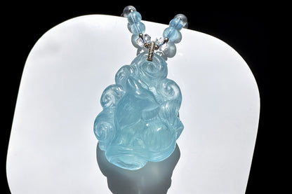 Natural High Grade Icy Aquamarine Nine Tailed Fox Pendant, Hand Carved Aquamarine, March Birthstone Fox Pendant, 天然精品海蓝宝手工精雕九尾狐吊坠