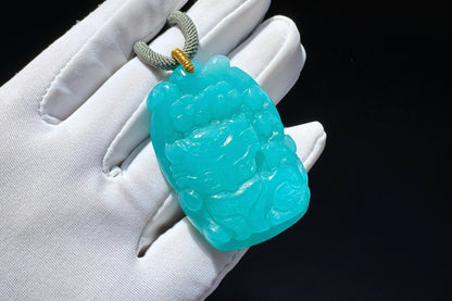 Natural Top Grade Amazonite Hand Carved Nine Tailed Fox and Peony Pendant, 天然精品天河石手工精雕九尾梅花吊坠