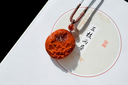 Natural Nanhong Agate Hand Carved Butterfly and Peony Pendant, Chinese South Red Agate Necklace, 天然川料南红手工精雕蝶恋花吊坠