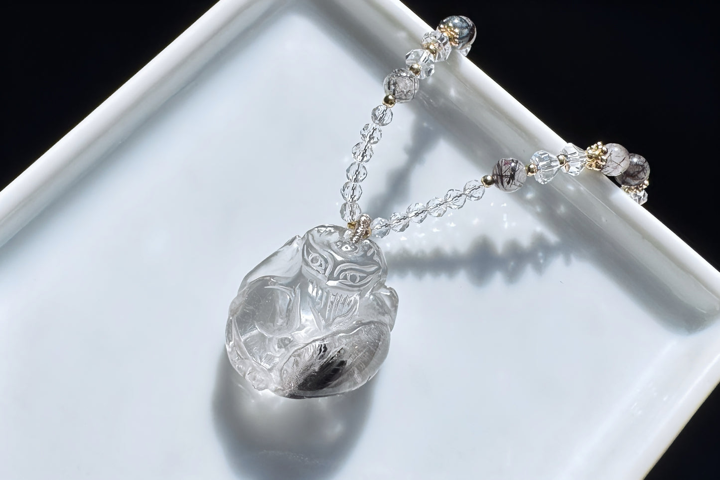 Natural Brookite Silver Rutilated Quartz Hand Carved Nine Tailed Fox Pendant, Silver Rutile Titanium Quartz Fox, 天然黑银钛晶手工精雕九尾狐吊坠