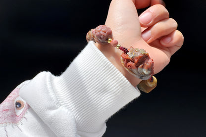 Natural Multi-color Old Mine Alashan Agate Hand Carved Charms Braided Bracelet, Alasha Bracelet, Carved Agate, 天然原矿老料阿拉善手工精雕狐狸手编手链
