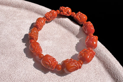 Certified Natural Untreated Nanhong Agate Bracelet, Carved Southern Red Agate PiXiu Bead Bracelet, Nanhong PiXiu, 天然无烤满色满肉凉山南红雕刻貔貅手串