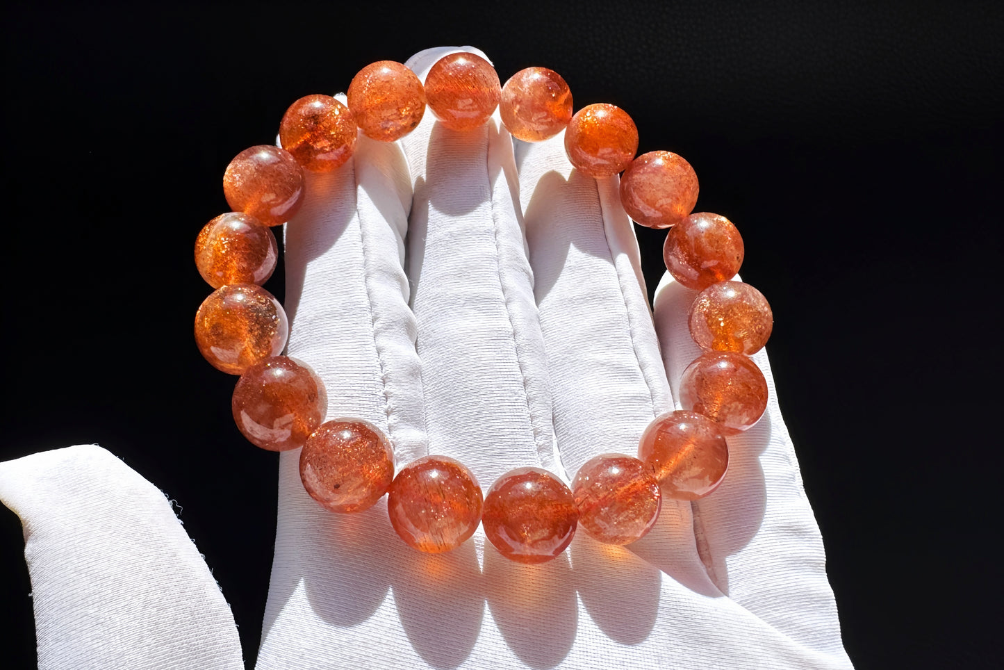 11mm Natural Sunstone Bracelet, Dark Orange Color Sunstone Beads, Shimmering Sunstone, 天然无优化美国俄勒冈州老矿焦糖色金太阳石水晶手串