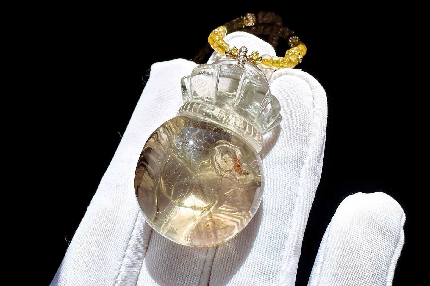 Natural Smokey Citrine Hand Carved Nine Tailed Fox and Money Bag Pendant, Smokey Citrine Necklace, 天然茶黄晶手工精雕九尾狐钱袋子吊坠