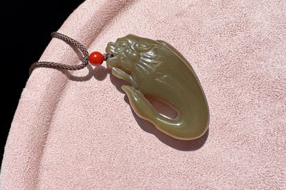 Certified Natural Dark Brown Sugar Hetian Nephrite Dragon Fish Pendant, Nephrite Jade Fish Turning Drago Pendant, Brown Jade, 天然糖玉鱼化龙吊坠深糖玉龙鱼吊坠
