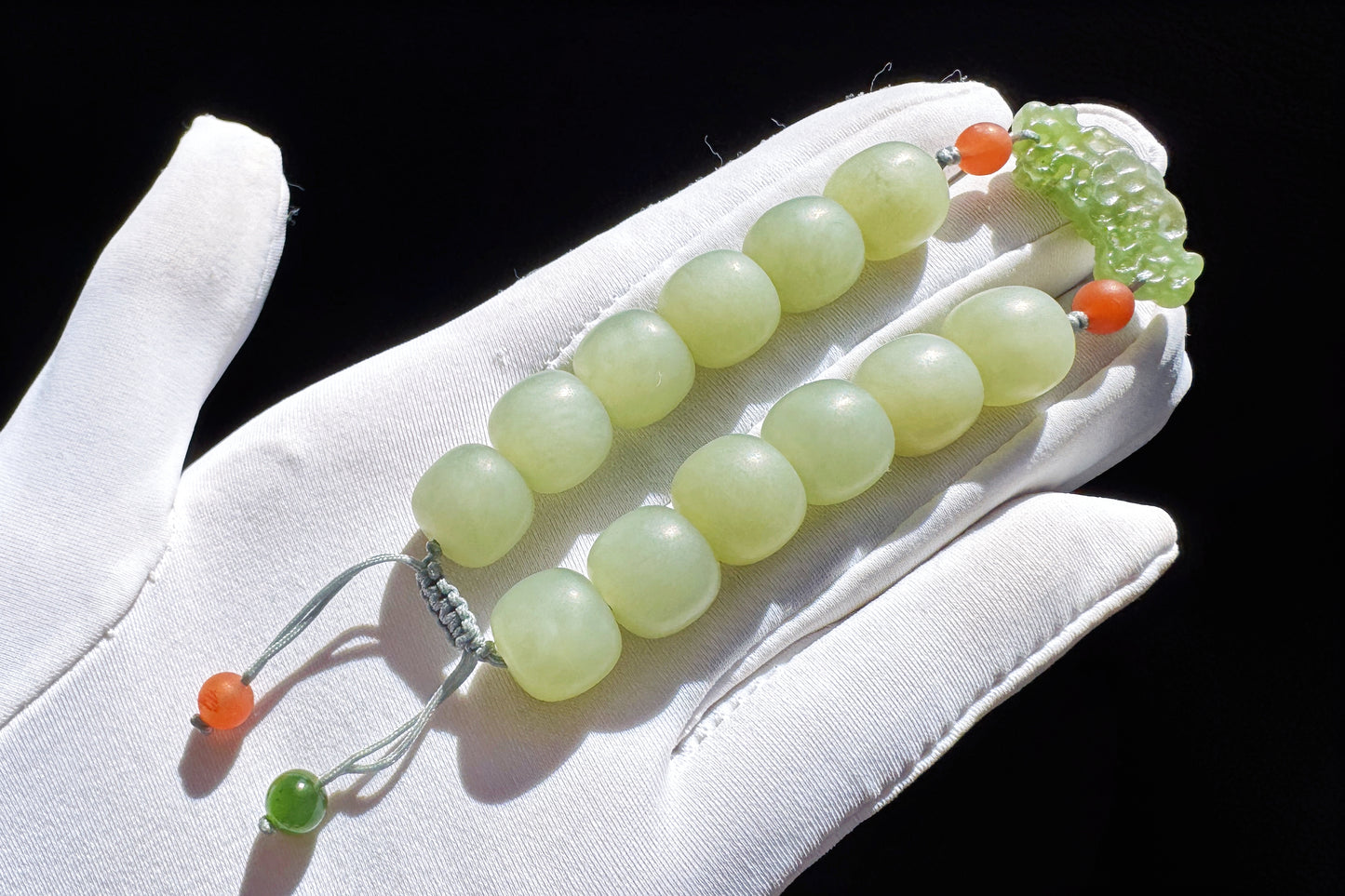 Natural Milky Blue Hetian Nephrite Beaded Bracelet with Green Nephrite Hand Carved Charm, Nephrite Jade Bracelet, 天然奶蓝色和田玉手串搭配碧玉手工雕刻回纹扣