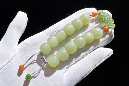 Natural Milky Blue Hetian Nephrite Beaded Bracelet with Green Nephrite Hand Carved Charm, Nephrite Jade Bracelet, 天然奶蓝色和田玉手串搭配碧玉手工雕刻回纹扣
