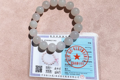 11mm Certified Natural Oufen Hetian Nephrite Bracelet, Icy Pink Hetian Nephrite Jade Beads Bracelet, 天然青海料藕粉和田玉圆珠手串