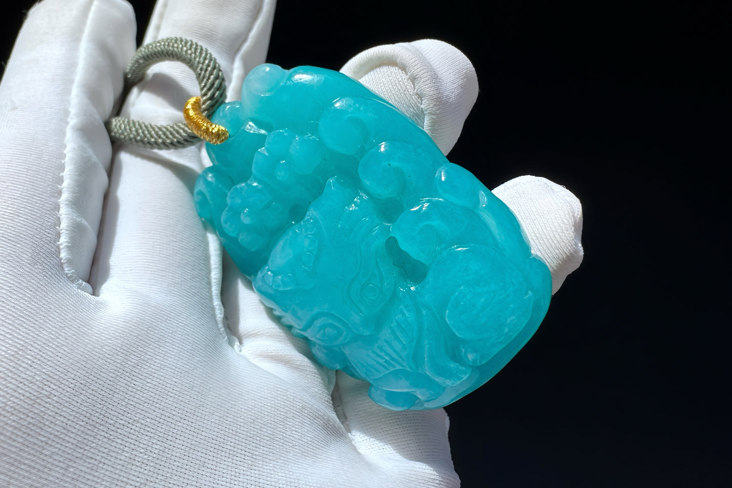 Natural Top Grade Amazonite Hand Carved Nine Tailed Fox and Peony Pendant, 天然精品天河石手工精雕九尾梅花吊坠
