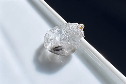 Natural Brookite Silver Rutilated Quartz Hand Carved Nine Tailed Fox Pendant, Silver Rutile Titanium Quartz Fox, 天然黑银钛晶手工精雕九尾狐吊坠