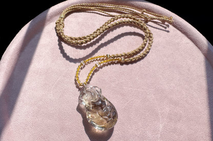 Natural Smokey Citrine Hand Carved Nine Tailed Fox and Money Bag Pendant, Smokey Citrine Necklace, 天然茶黄晶手工精雕九尾狐钱袋子吊坠