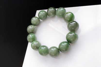 15mm Natural Chunky Green Nephrite Beaded Bracelet, Untreated Nephrite Jade Beads, 天然和田玉碧玉圆珠手串