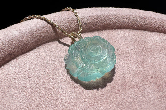 Certified Natural Green Aquamarine Carved Flower Pendant, Green Beryl with Mica inclusions, March Birthstone, 天然绿色海蓝宝雕刻花花吊坠