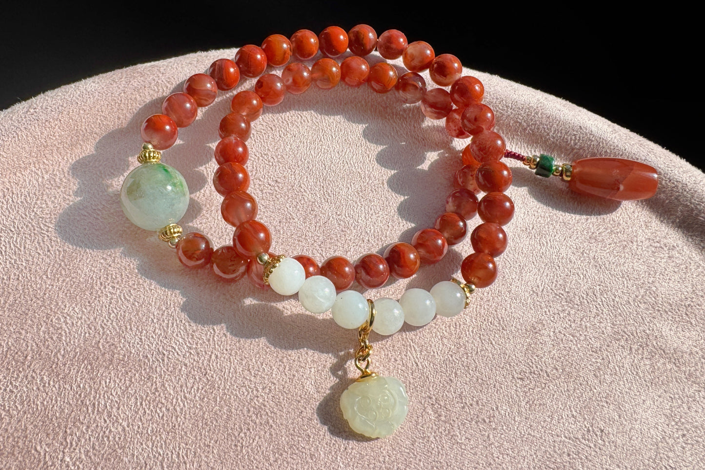 Natural Nanhong Southern Red Agate Design Bracelet, Nanhong Agate Bracelet with Jadeite Jade and White Nephrite, 天然原创南红设计手串搭配乌鸡翡翠和田白玉