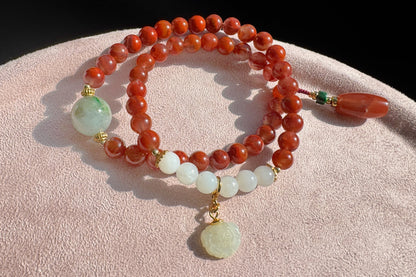 Natural Nanhong Southern Red Agate Design Bracelet, Nanhong Agate Bracelet with Jadeite Jade and White Nephrite, 天然原创南红设计手串搭配乌鸡翡翠和田白玉