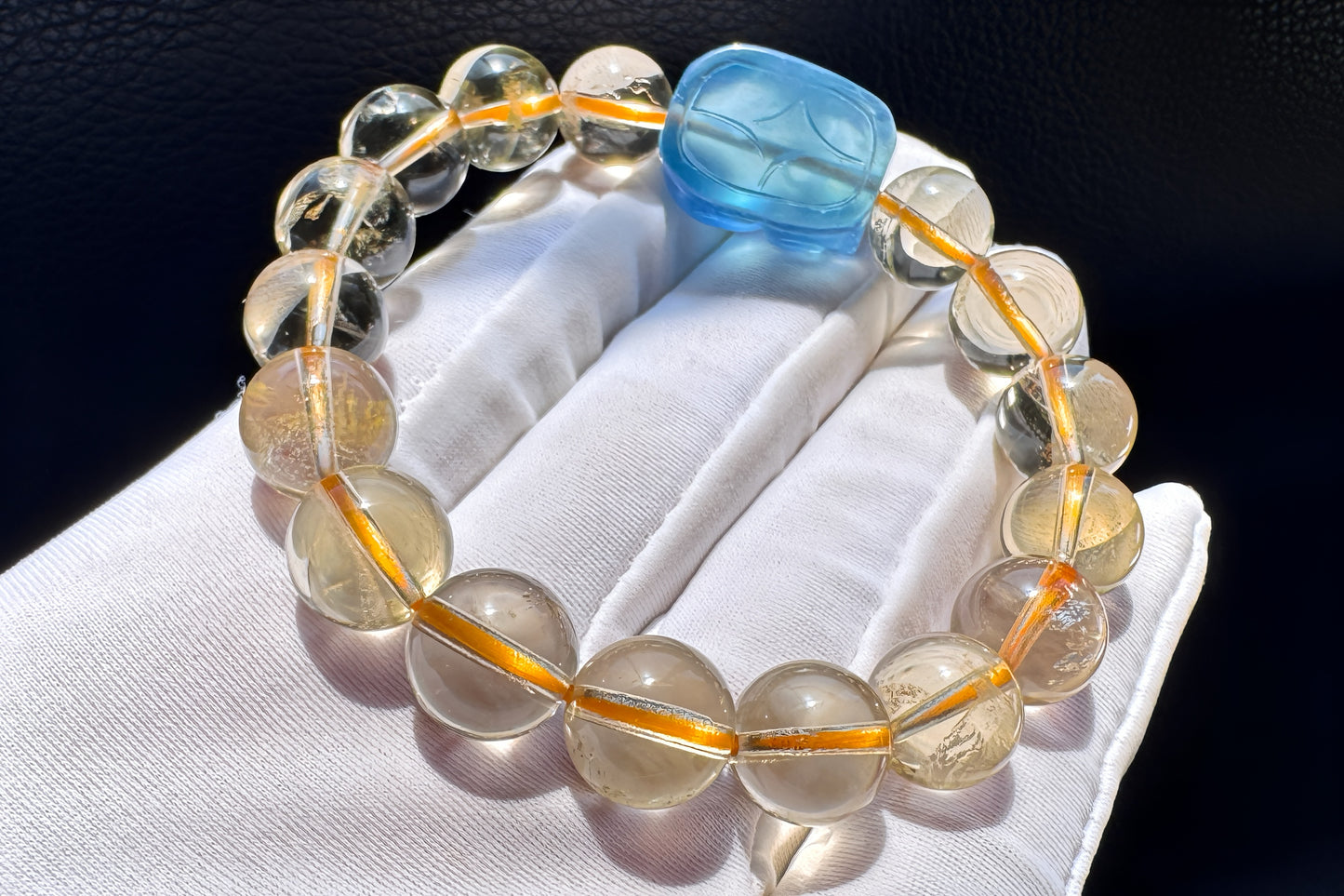 Certified Natrual Aquamarine and Lemon Citrine Bracelet, Lemon Quartz Bracelet, Aquamarine Pi-Xiu, Wealth Bracelet, 天然海蓝宝貔貅搭配柠檬黄水晶手串