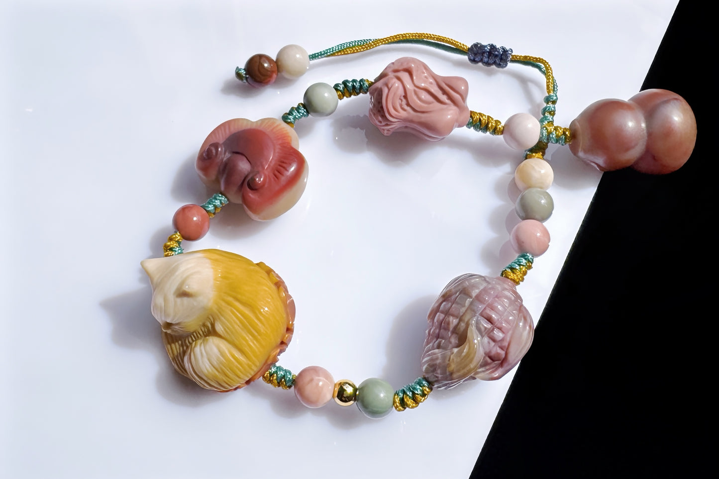 Natural Alashan Bracelet with Carved Alxa Onyx Charms, Hand Carved Top Grade Alashan Rocks, Handmade Alashan Bracelet, 天然全玉化阿拉善手工精雕配饰编绳手链
