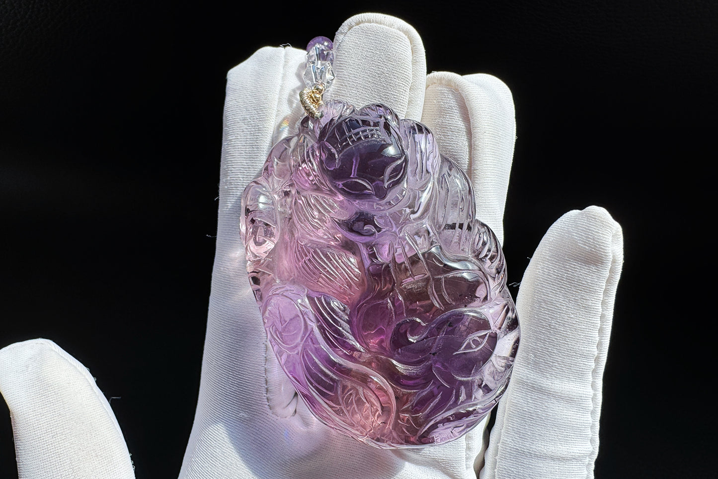 Large Naturual Amethyst Pendant Hand Carved Nine Tailed Fox and Phoenix, Brazilian Amethyst Fox and Phoenix Necklace, 天然巴西紫水晶手工雕刻九尾凤凰吊坠