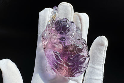 Large Naturual Amethyst Pendant Hand Carved Nine Tailed Fox and Phoenix, Brazilian Amethyst Fox and Phoenix Necklace, 天然巴西紫水晶手工雕刻九尾凤凰吊坠